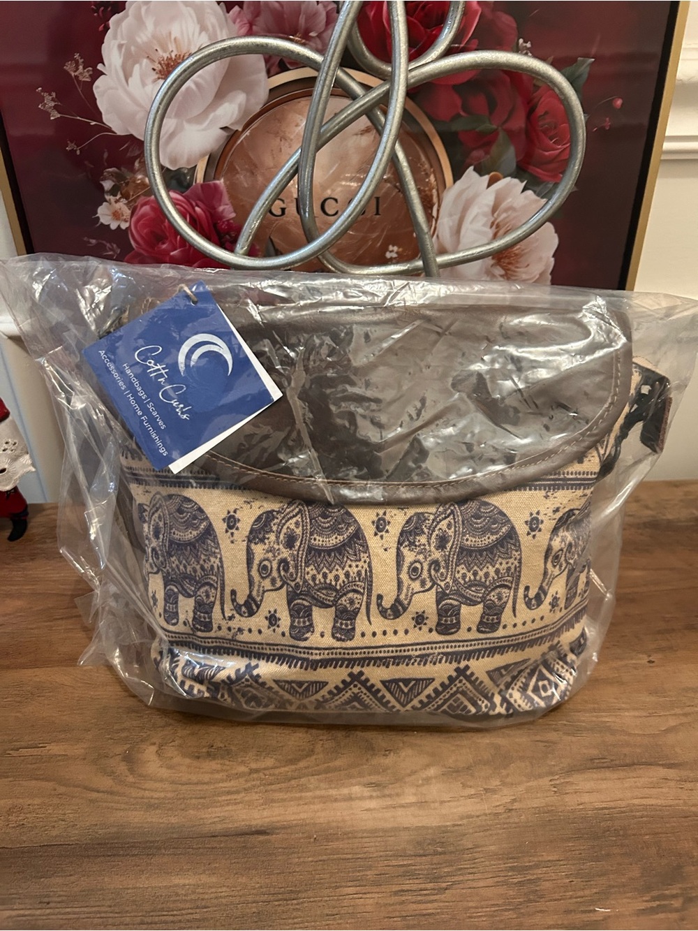 CottnCurls Navy and Tan Elephant-Print Crossbody Bag